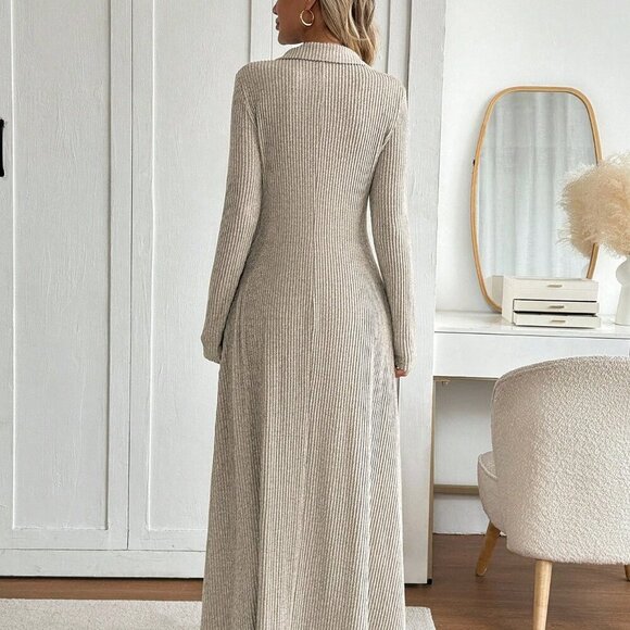 Dusty Pink Casual Women's Thermal Loose Maxi Zip Dress - Picture 2 of 6